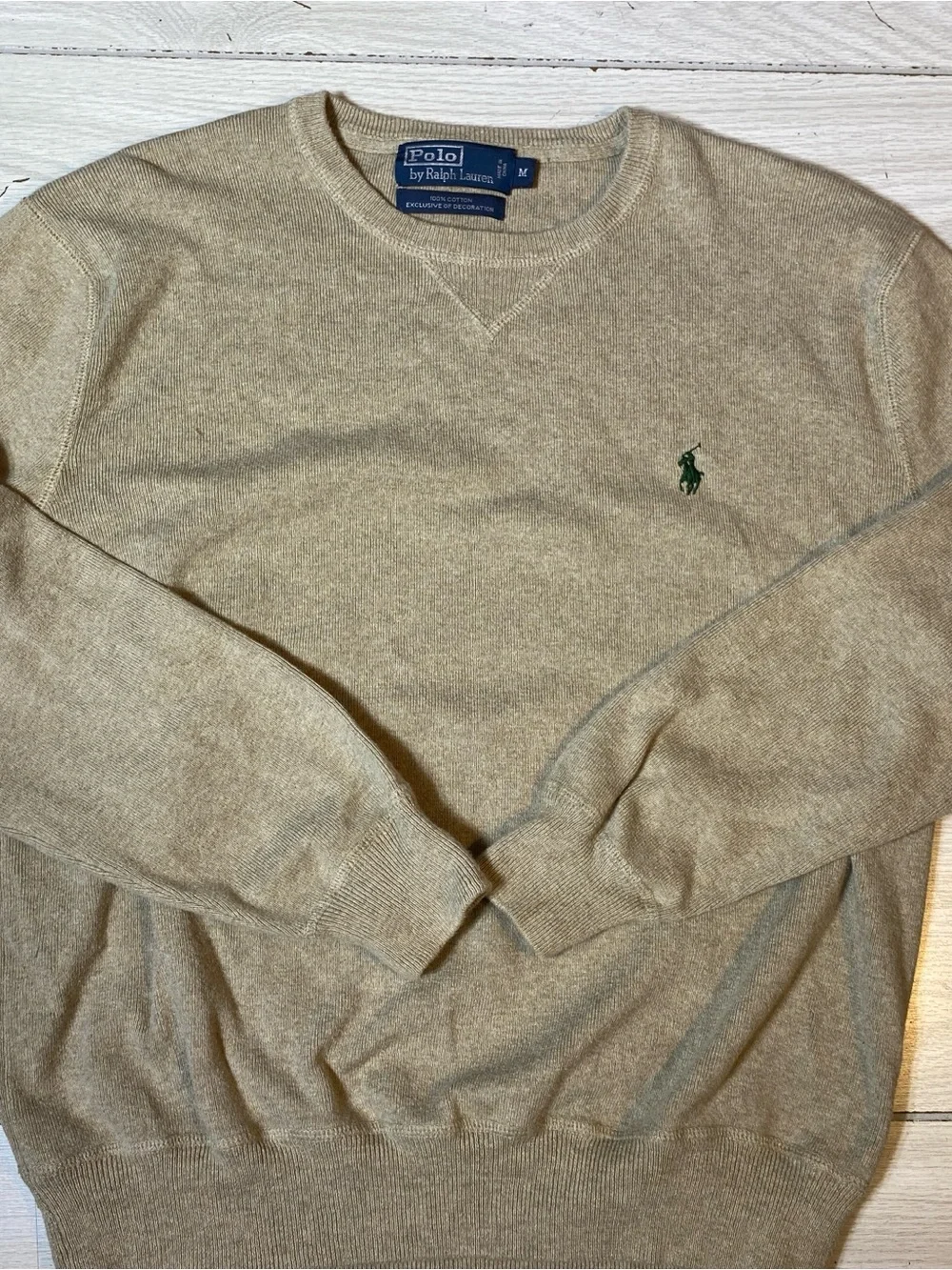 Polo Ralph Lauren M Crewneck Sweater Beige Tan 100% Cotton Green Knit